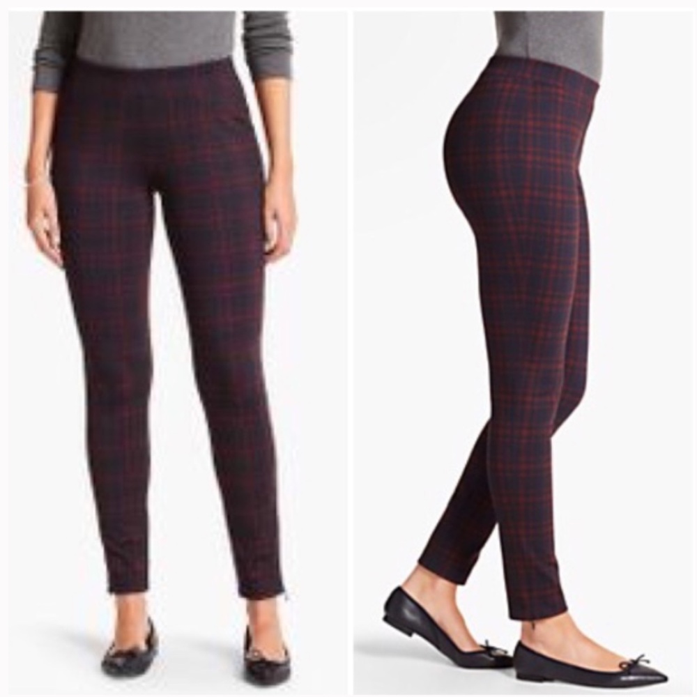 Talbots navy blue burgundy plaid knit leggings pants stretch warm size XS